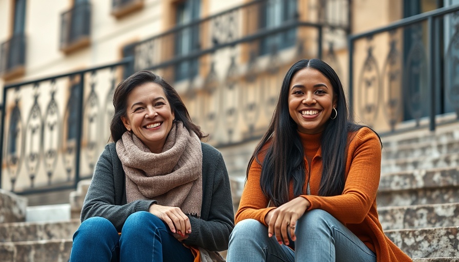 Two smiling women on steps, representing collaborative energy in AI leadership development platform merger.