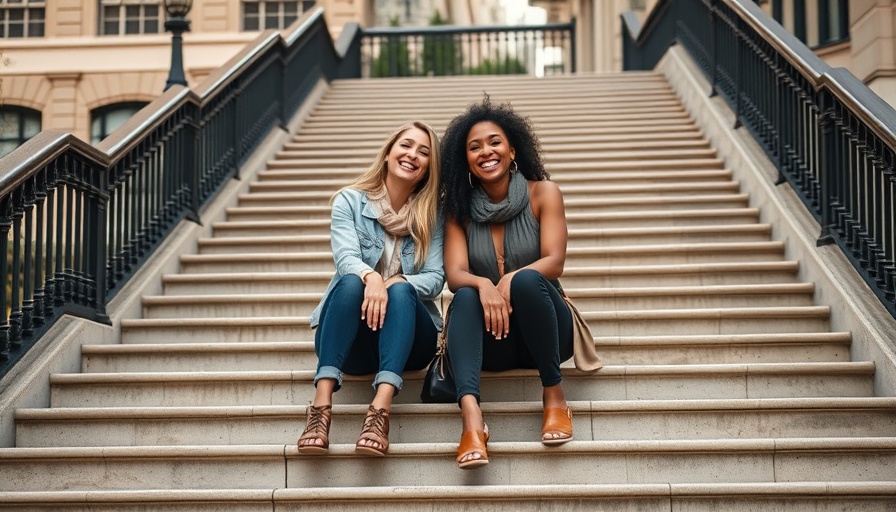 Two women expressing joy on steps in an urban setting.
