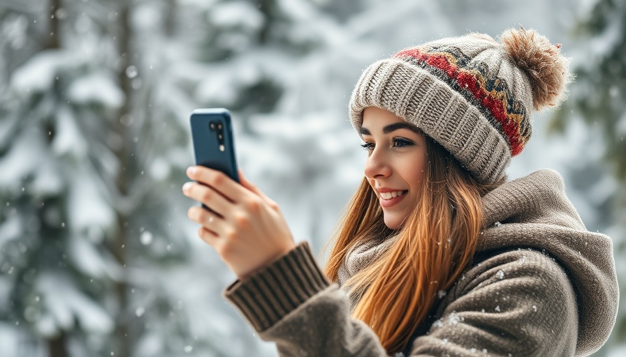 Woman holding phone in snow, learning How to Repost on Instagram.