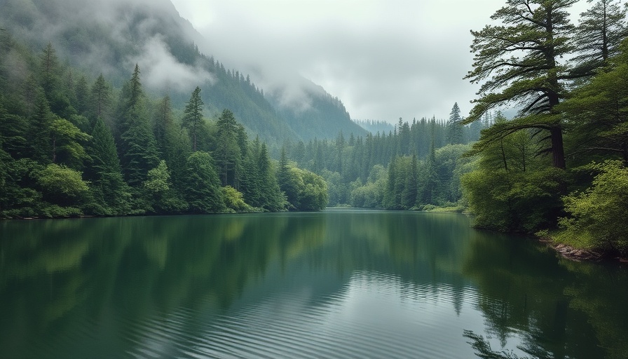 Serene misty forest by a tranquil green lake, illustrating nature's tranquility.