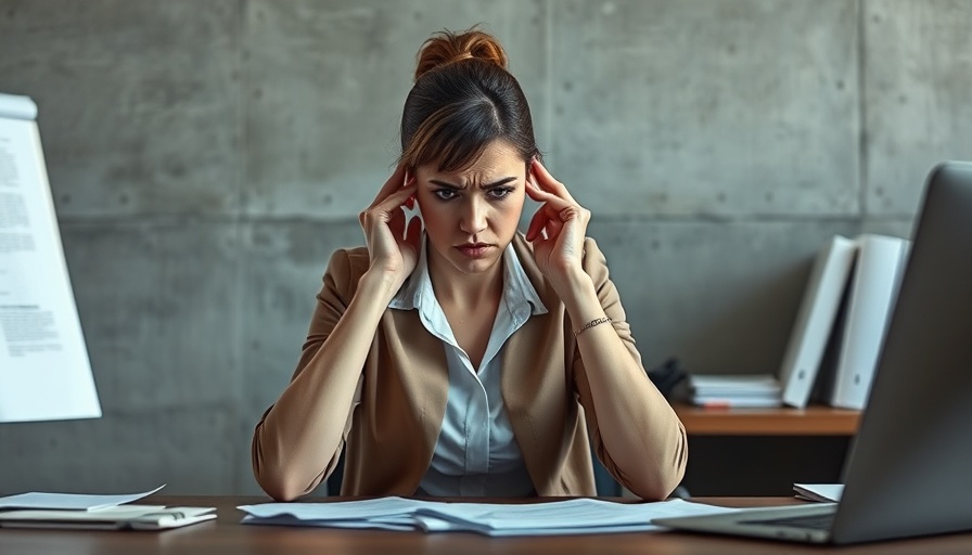 Businesswoman stressed over operating costs crisis for landlords at desk.