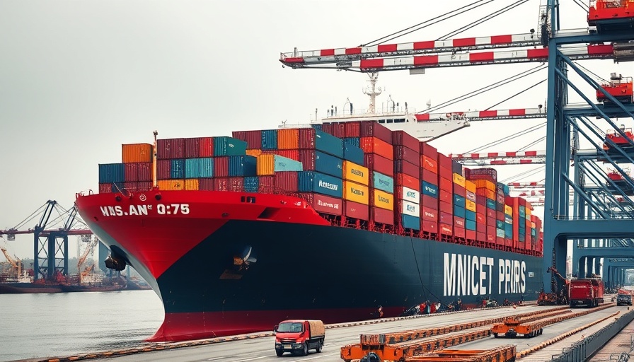 Cargo ship at port with colorful containers; inflation report links.