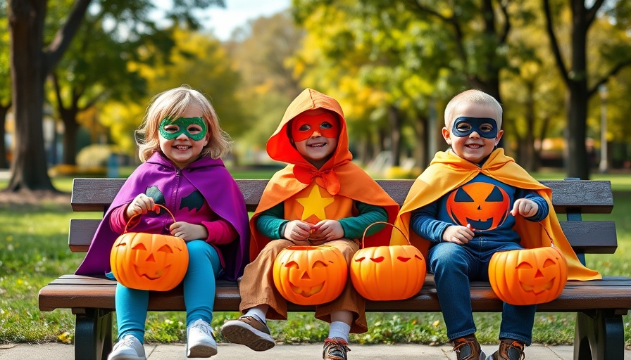 Three kids in costumes holding pumpkins, outdoor.