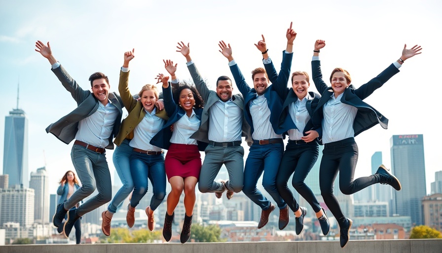Diverse professionals celebrating with city skyline, symbolizing solo agent collaboration in real estate.