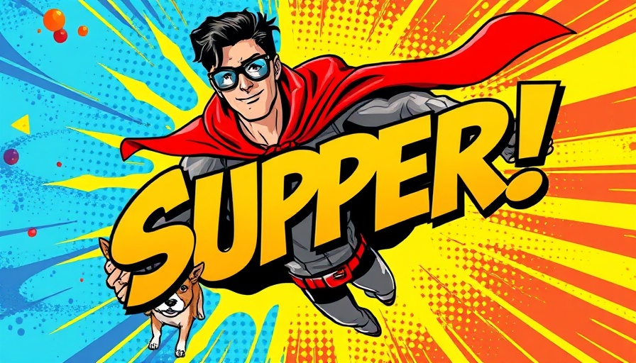 Comic superhero with dog and 'SUPER!' text in vibrant pop art style.