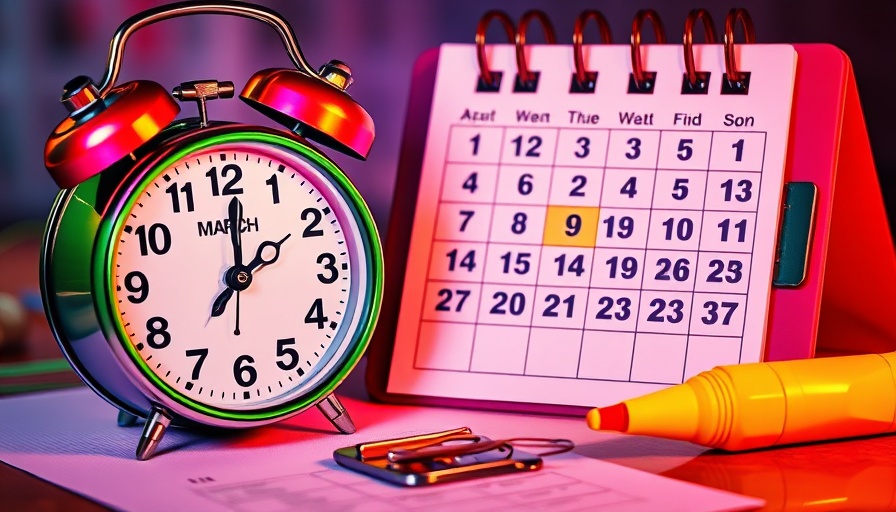 Colorful clock and calendar with March 1st, vibrant desk items, daily marketing moves real estate.