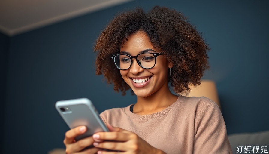 Young woman smiling while using a smartphone, explore trending reels.