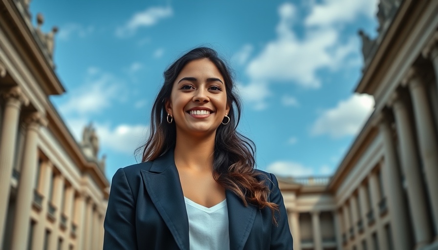 Woman smiling in front of classical building, related to Douglas Elliman wrongful termination case.