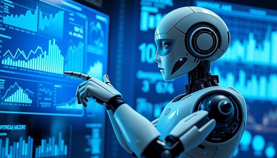 Futuristic AI robot assisting with real estate data analysis.