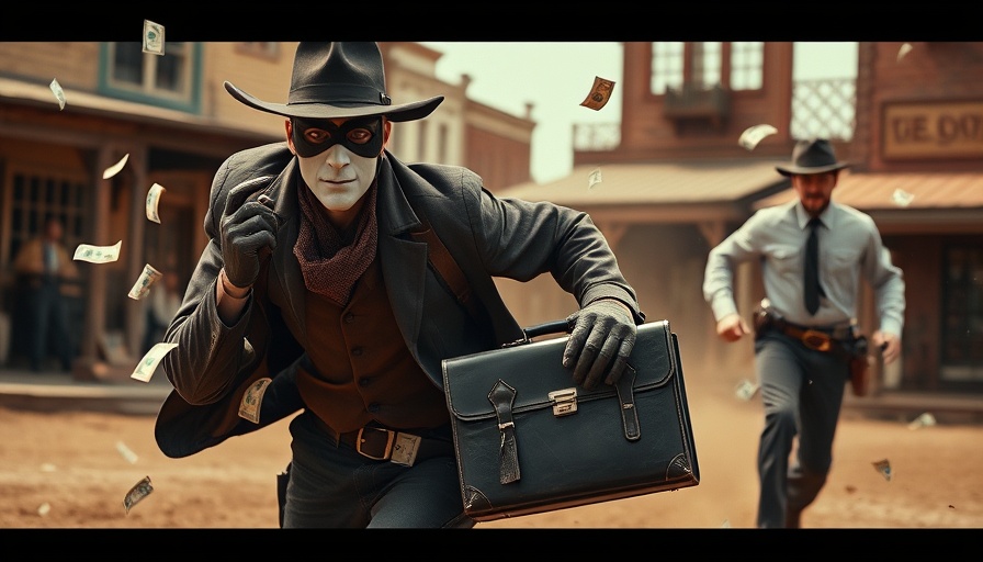 Masked thief with briefcase chased in western town, money flying.