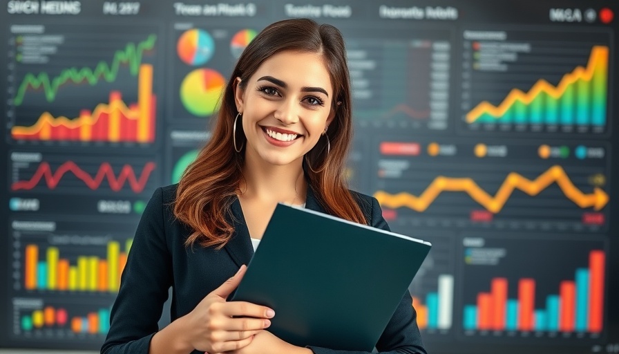 Professional woman with scenario modeling graphics, influencer marketing concept.