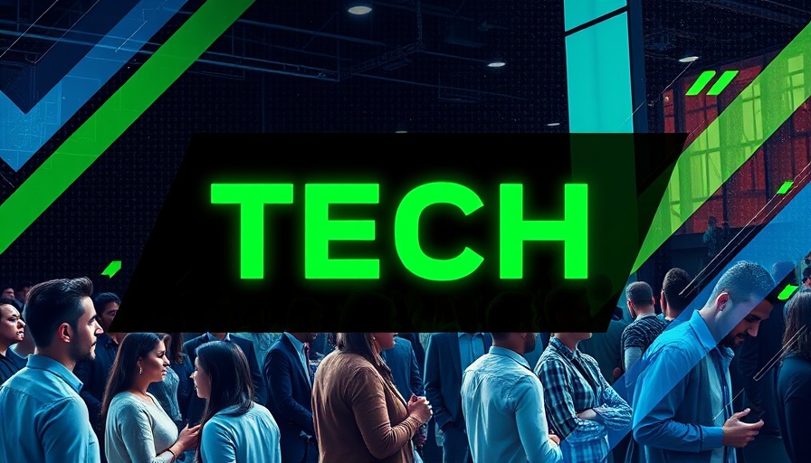 Tech event graphic with diverse professionals at a conference.