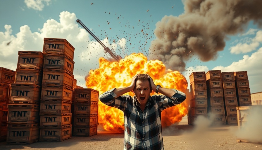 Influencer in dramatic scene with exploding crates.