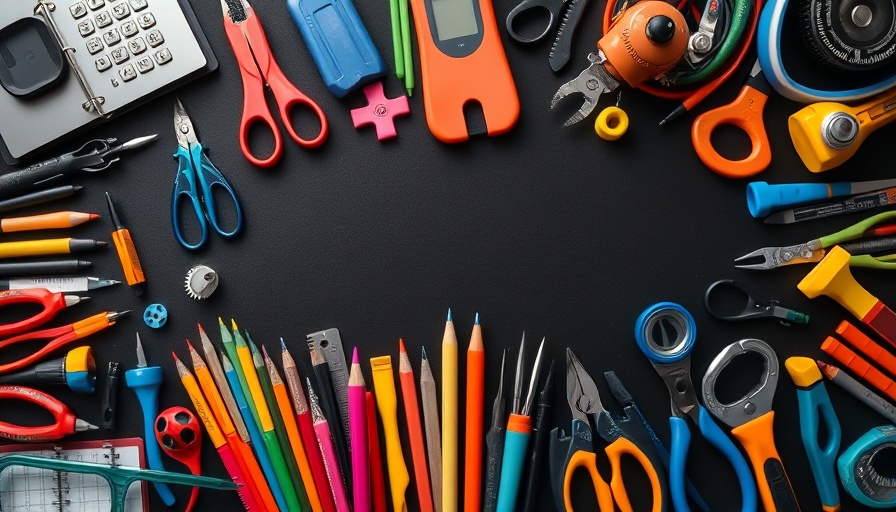 Various tools and office supplies on black background, best social media marketing tools 2025.