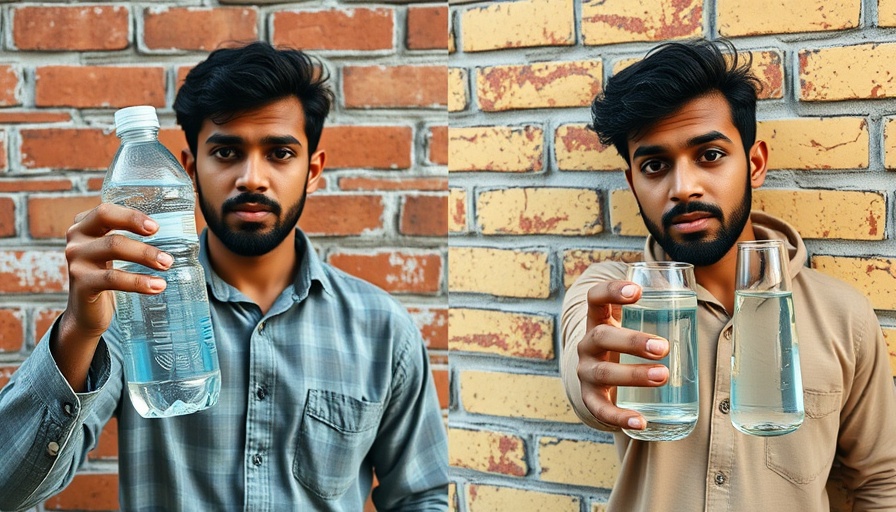 Clean water for 2 million people: man shows dirty and clean water in split image.