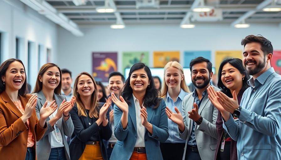 Young professionals celebrating brand awareness success in modern office.