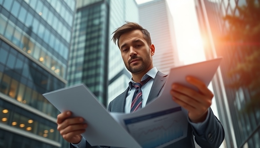 Businessman reviews real estate reports for investment success in urban setting.