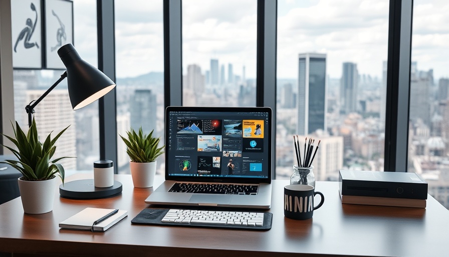 Modern workspace with innovative content concepts, laptop open, city view.