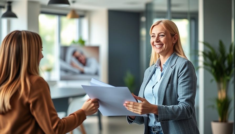 Smiling employee onboarding new colleague with documents.