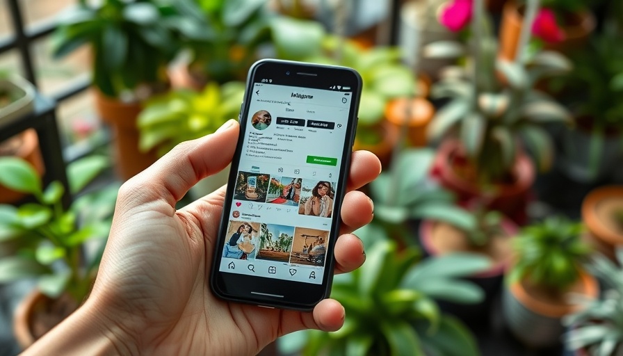 Instagram profile displayed on a smartphone in a garden setting.