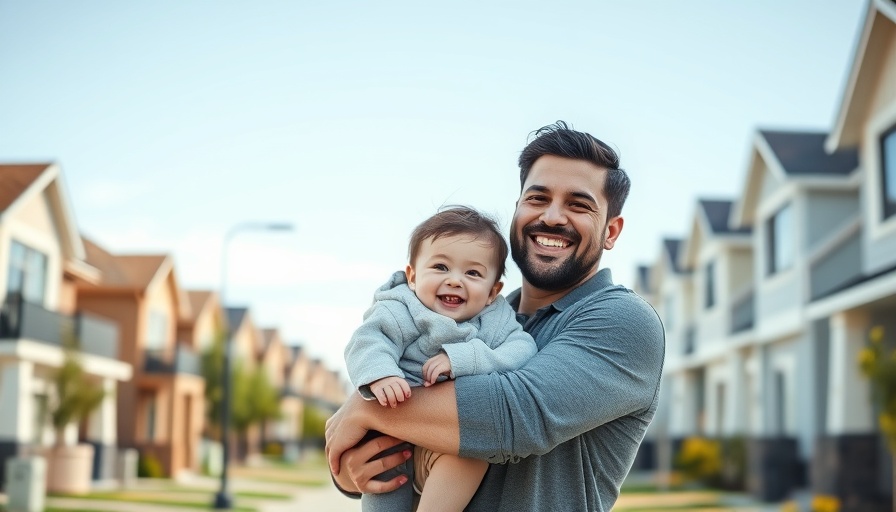 Smiling father and child in front of suburban homes