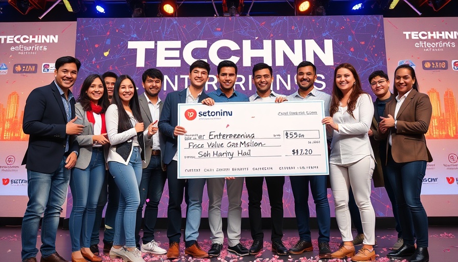 Entrepreneurs celebrate on stage with a giant check at Startup Battlefield 200.