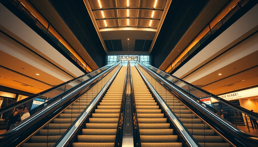 Modern escalators inside a brightly lit shopping mall.