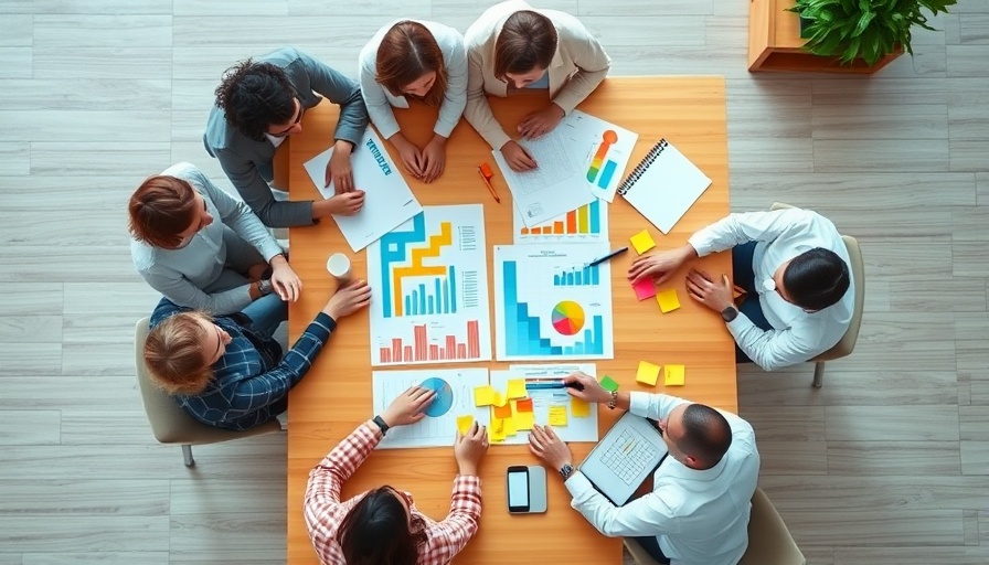 Diverse team collaborates on marketing trends project, vibrant workspace.