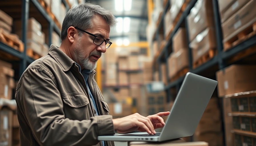 Man using inventory software in a warehouse setting.