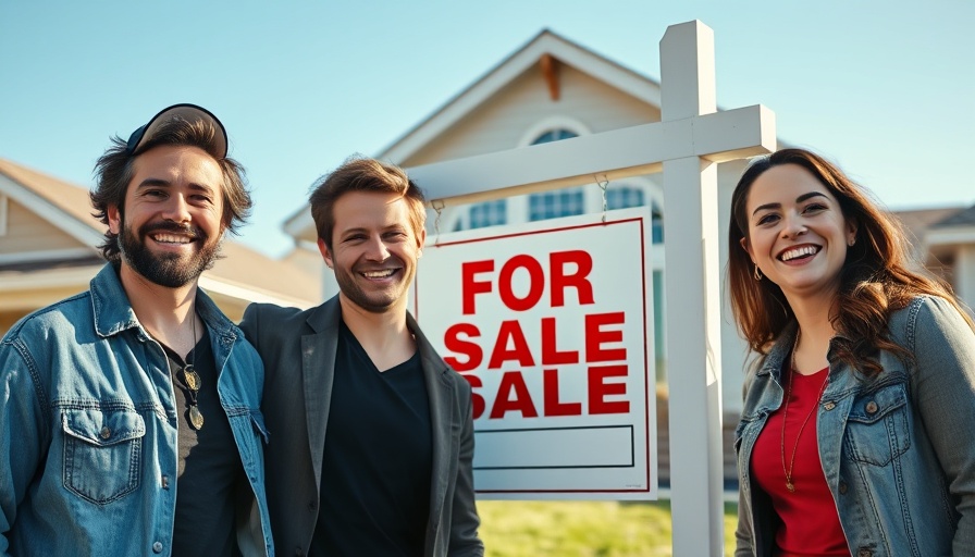 Happy individuals and real estate sign conveying real estate investment success.