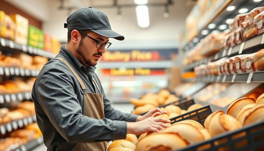 Bakery worker arranging bread in modern grocery store