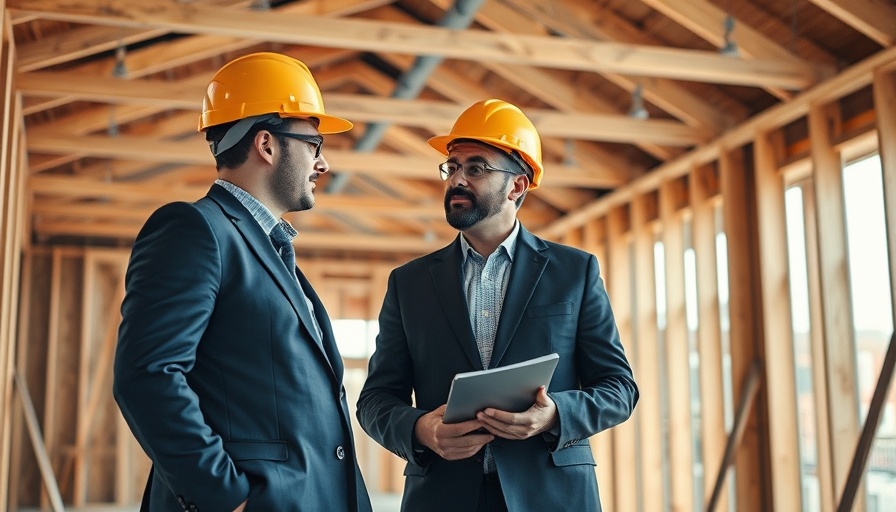 Professionals discuss at construction site amidst sharp mortgage rate drop.
