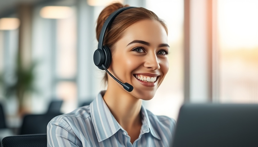 Smiling woman in headset, engaging in B2B lead prospecting.