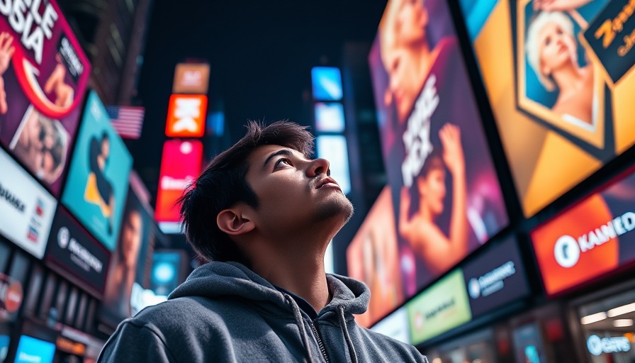 Young man gazes at illuminated billboards, urban night scene, social media advertising costs.
