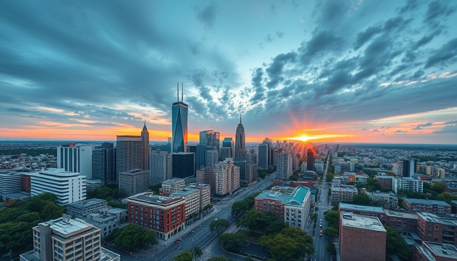 Aerial view of an emerging city at sunset, showcasing urban development.