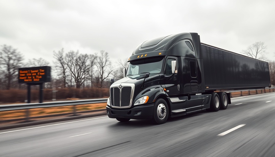 Black semi-truck on highway near digital sign about staying home.