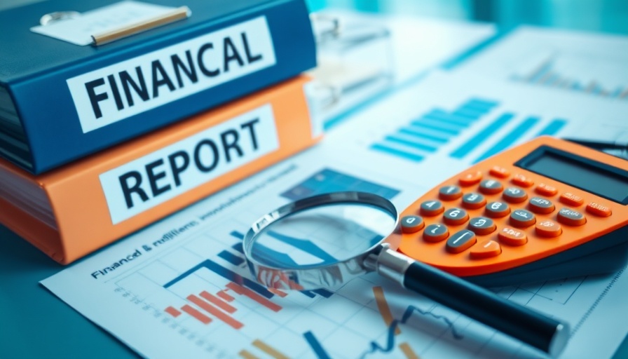 Financial analysis office tools with binders, calculator, and magnifying glass.