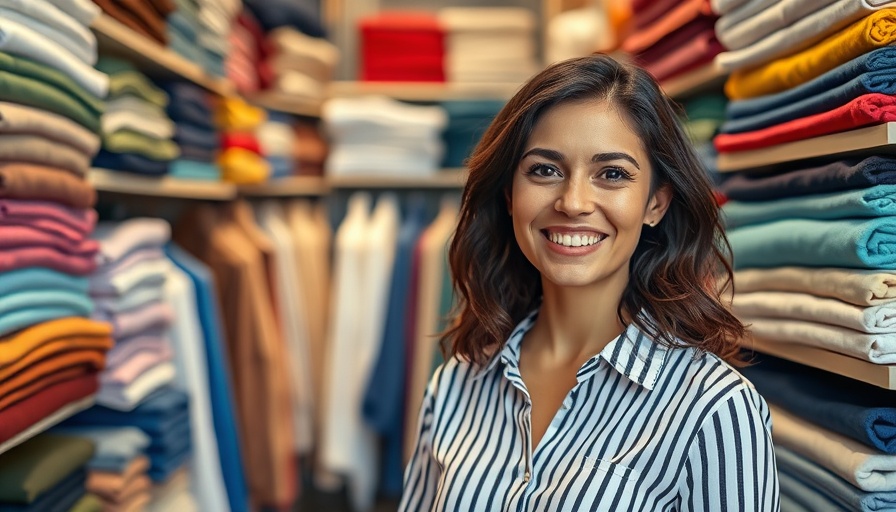 Smiling woman in a store with an effective floor plan and clothes.