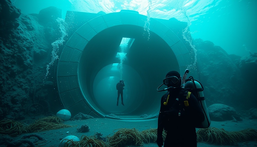 Diver near nuclear bunker entrance underwater with security.