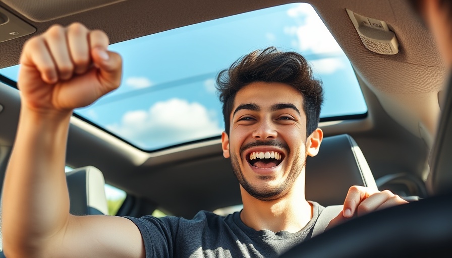 Smiling young man in car, showcases positivity, TeamWater success.