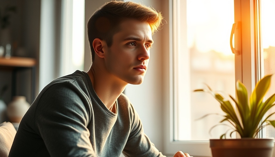Young man sitting thoughtfully by a sunlit window, Max Muir PR strategy.