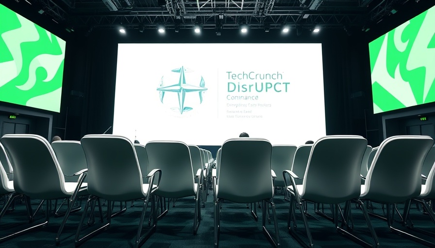TechCrunch Disrupt stage setup with empty chairs, 2025.