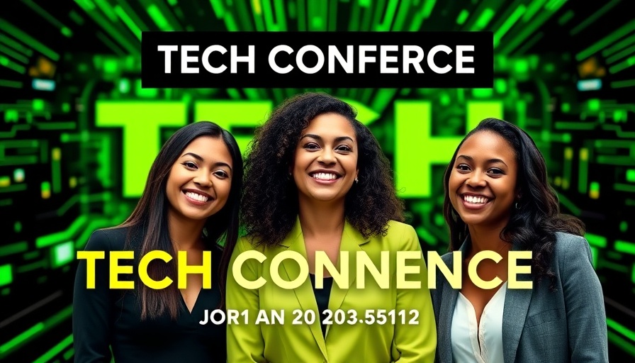 Modern tech conference banner featuring three smiling businesswomen and dynamic background for startup equity solutions.