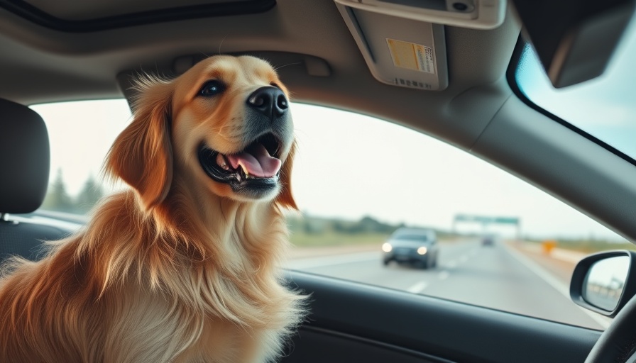 Lively golden retriever enjoying safe car ride with window view.