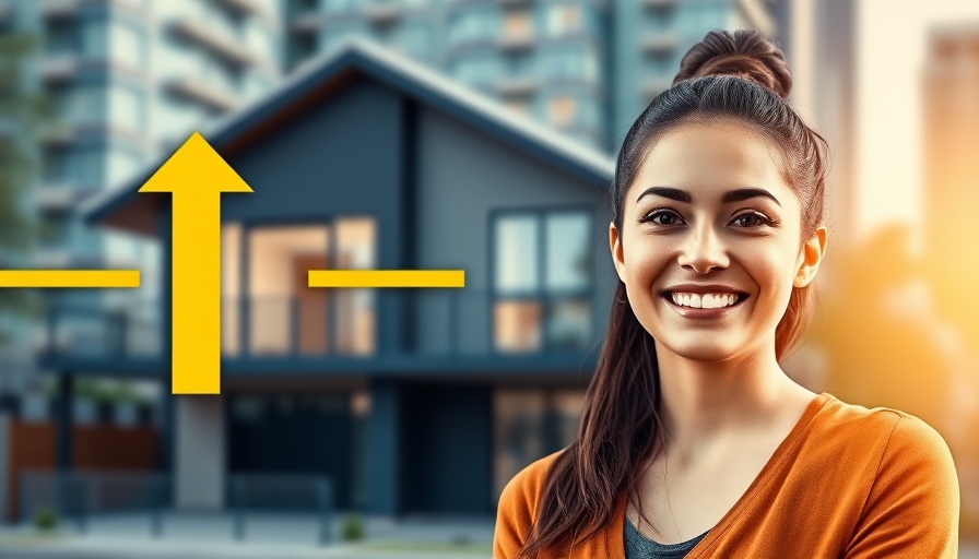 Smiling woman with house and trend arrows in digital collage, House Flipping for Massive Returns.
