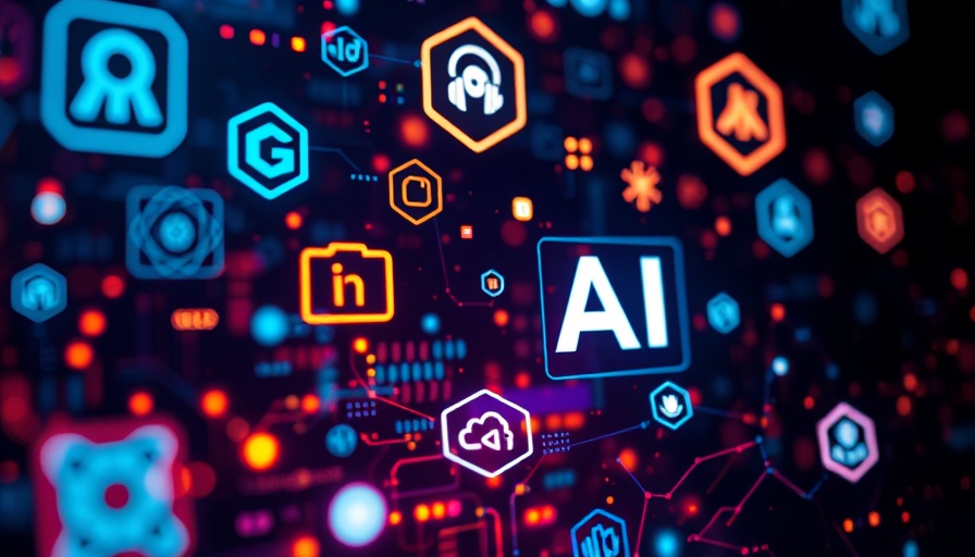Digital AI icons influencing brand elements in futuristic style.
