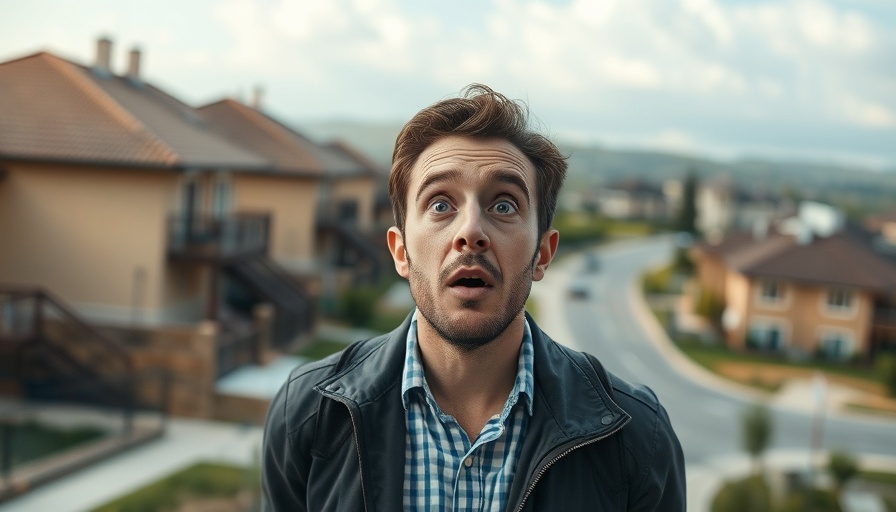 Impact of rising unemployment on real estate illustrated by surprised man and declining market trends.