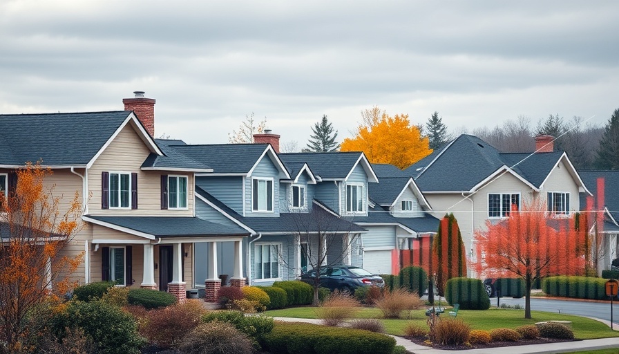 Housing data overlaid on suburban houses and partial speaker view, representing a recession theme.