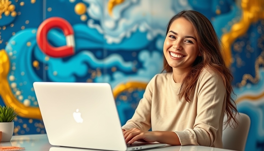Smiling woman at desk with laptop, artistic magnet background, preventing real estate client theft.