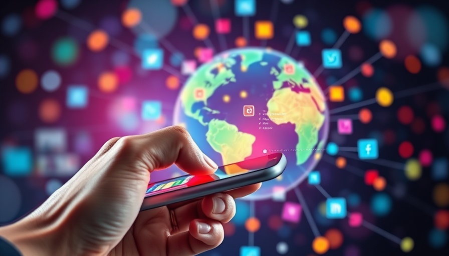 Vibrant digital network with hand holding smartphone, viral real estate marketing concept.